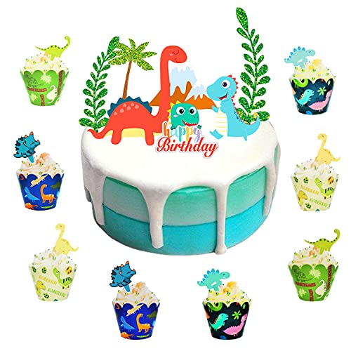 55Pcs Dinosaur Cupcake Toppers and Wrappers, Dinosaur Cake Toppers Cups Dinosaur Cupcake Liners, Dinosaur Cake Decorations for Boys Baby Shower Birthday Jurassic World Dinosaur Theme Party Supplies
