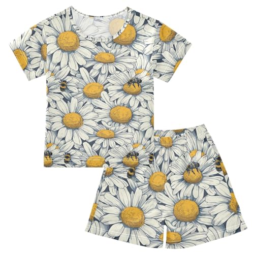 ALAZA Daisy Flowers Bee Pajama Set Short Sleeve Sleepwear Soft Lounge Nightwear