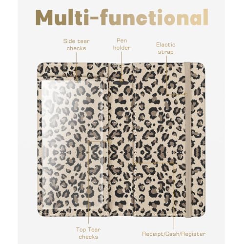 Image of Checkbook Cover for Men Women, Premium Leather Checkbook Holder with RFID Blocking and Built in Clear Plastic Divider for Personal and Business Checks (Leopard-Yellow)