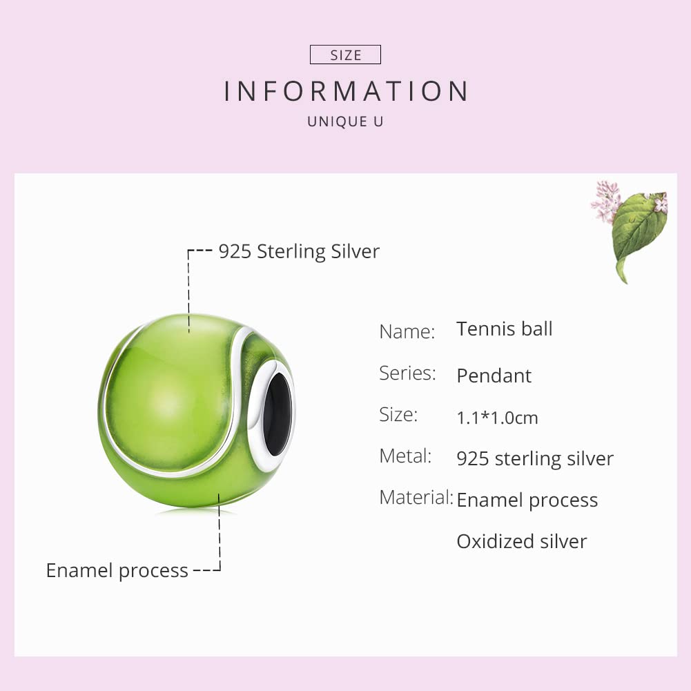Charm de pelota de tenis en plata de ley 925, ideal para pulseras.