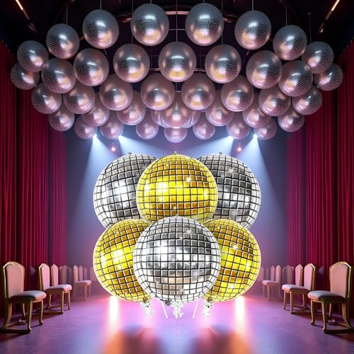 Image of 6 pcs 22Inch Disco Ball Ballons, 4D Large Foil Balloons for 70s Disco Dance Birthday Graduation New Year (Silver /Gold Disco Ball 6pcs)