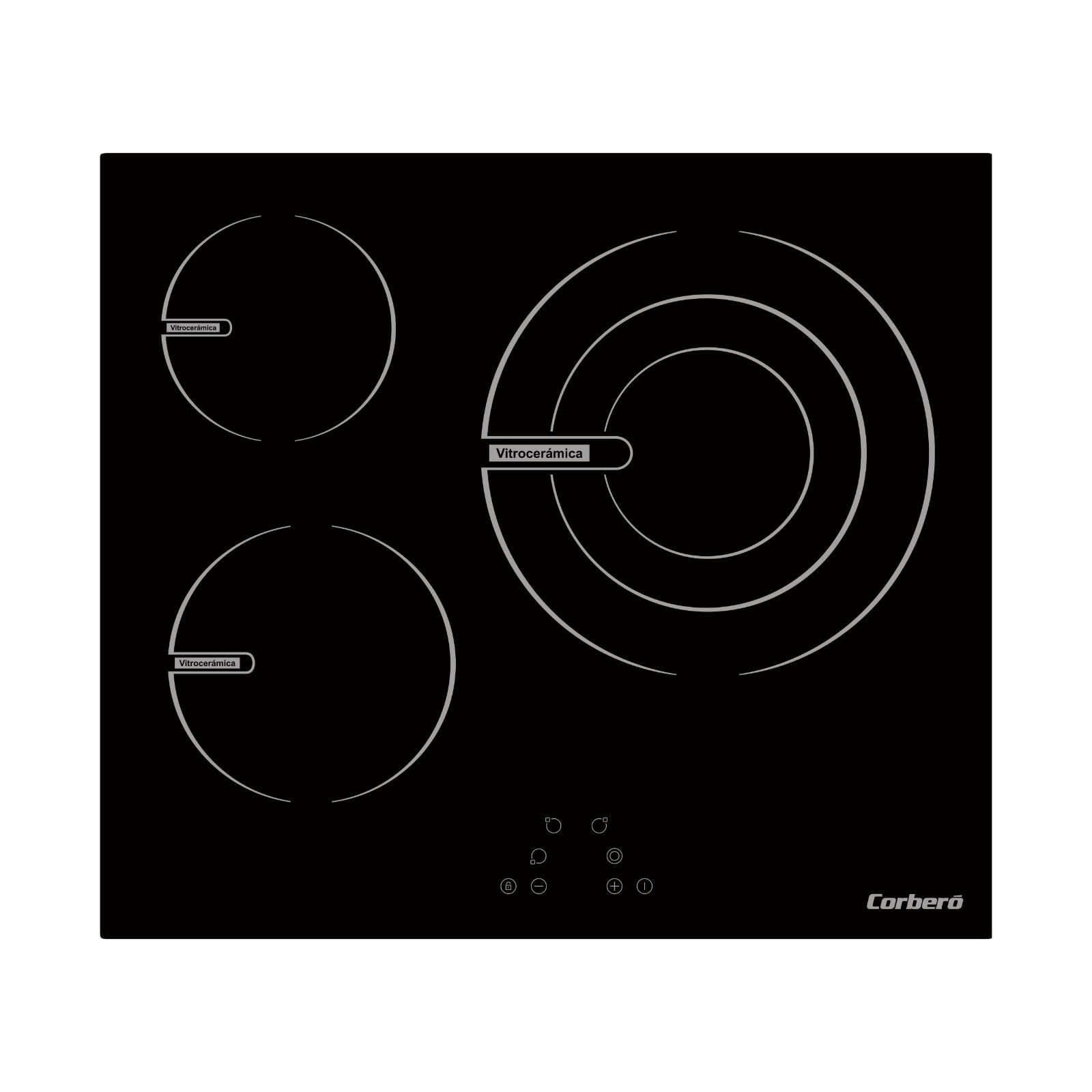 Corberó – Placa Vitrocerámica | CCVG35BF | 59x52x6 cm | 3 Zonas de Cocción | Zona Extra Grande 28 cm | 5700W | Control Táctil | 9 Niveles de Potencia | Desconexión Automática