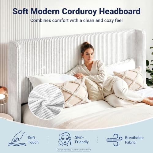 Image of Allewie King Lift-Up Storage Bed Frame, Corduroy Wingback Headboard, White