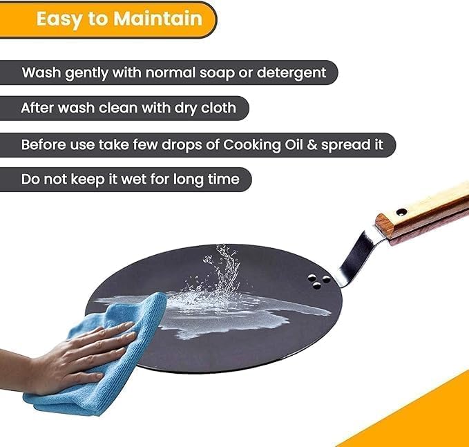 Kitchen Premium Iron Tawa with Wooden Handle, Heavy Duty Flat Pan for Roti, Chapati, Paratha & Dosa, 10 Inch Traditional Indian Cookware – THE KALP
