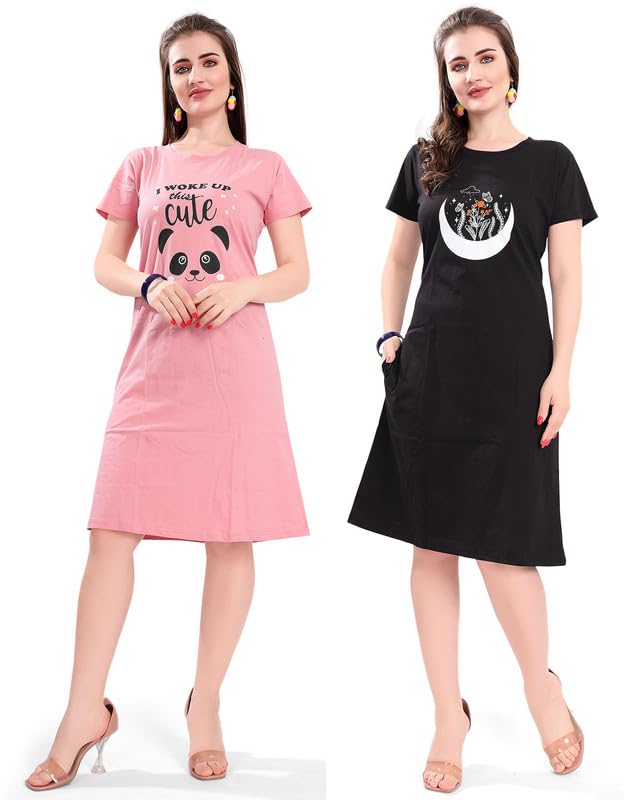 Image of Printed Knee Length Pocket Night Dresses for Women | Cat Lover | Premium Soft Cotton Nighty | Blue and Maroon