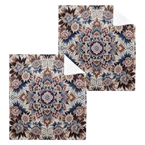 YANENDIE Floral Ikat Texture Washcloths Towels, Highly Absorbent and Soft Cotton Face Cloths, 2 Pack Quick Dry Wash Cloths - 12 X 12 Inches