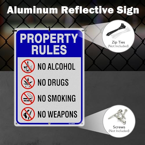 Image of T&R Large Property Rules Sign No Alcohol No Drugs No Smoking No Weapons Sign - 14 x 10 Inches Rust Free .040 Aluminum Reflective - UV Protected, Waterproof and Fade Resistant - 6 Pre-drilled Holes
