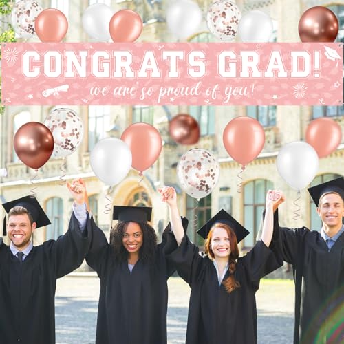 Image of 37Pcs Graduation Banner Balloon Decorations Class of 2026, Congrats Grad Banner Yard Outdoor Decorations, Graduation Balloons Banners Set for High School College Grad Party Supplies, Pink