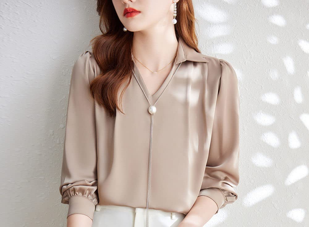 MIDJ Elegantes Lässiges Langarm-Top,Elegantes Damen-Oberteil Mit V-Ausschnitt Und Perlenquaste