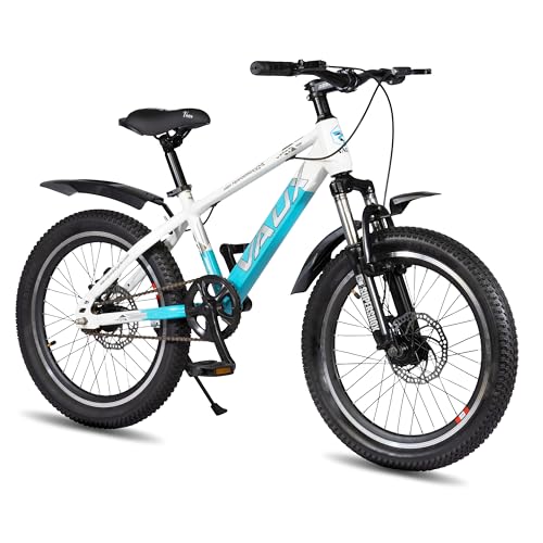 Image of Vaux Stryker 20inch Cycle for Kids 5 to 8 Years with Front Suspension, 20T Bicycle for Girls & Boys with Dual Disc Brakes, 12 inch Steel Frame, Alloy Rims, 20 * 2.40 Tyres(White-Blue)