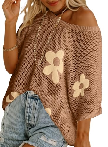Image of Dokotoo Womens Floral Fashion Summer Tops 2026 Short Sleeve Crochet Sweaters Swimsuit Cover Ups Lightweight Knit Pullover