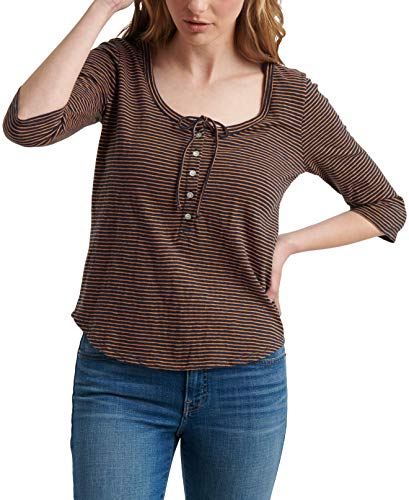 Lucky Brand Cotton Striped Henley Top Brown M