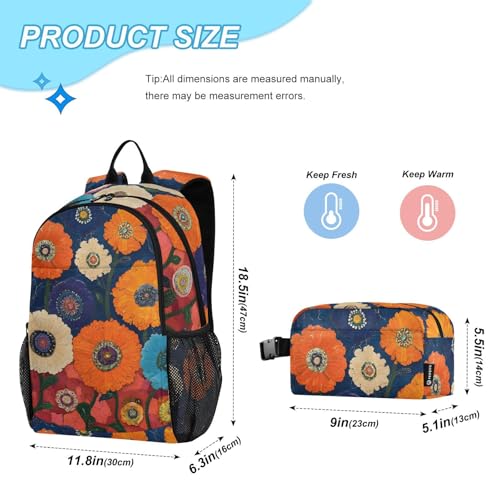 Floral Pattern Backpack Lunch Bag Set for Travel Hiking Picnic, Backpacks with Insulated Lunch Box2