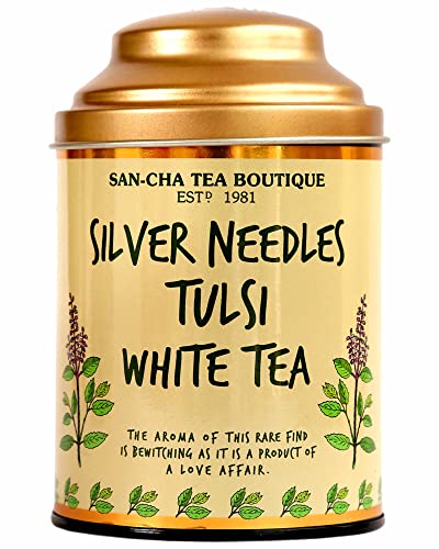 Image of Sancha Tea Boutique, Tulsi White Tea, 75g Silver Needle White Buds Blended with Holy Basil, Antioxidant-Rich & Delicate Floral Herbal Infusion