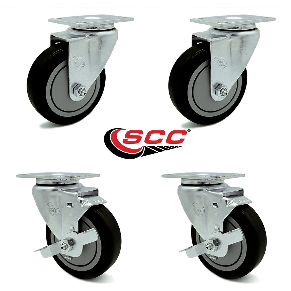 Swivel Caster Set of 4 with 2 Brakes - 4 Inch Black Polyurethane Wheel – 350 lbs. Capacity Per Caster – 4 Inch x 4-1/2 Inch Overall Top Plate – Service Caster Brand