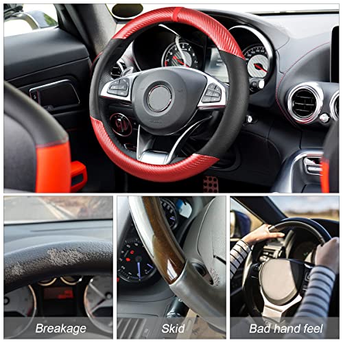 Image of Osilly Car Steering Wheel Cover, 15 inch Anti-Slip Steering Wheel Protector, Carbon Fiber & Microfiber PU Leather Steering Wheel Cover for Women and Men, Universal Fit for Most Vehicles (Red)