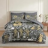 Pamnest Comforter Set Queen Size, Retro Egyptian Egypt 7 Pcs Bedding for Kids and Adults, God Pharaoh Abstract Bed Sheet Sets with Fitted Sheet 2 Pillowcases & 2 Shams for Bedroom Bed Decor