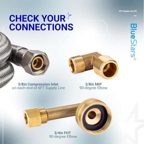 Image of BlueStars Dishwasher Installation Kit, 6-Feet Supply Line with 3 /8 inch x 3 /8 inch Compression, 6-Feet 3-Prong Power Cord, Elbow Connectors & Adapters - Braided Stainless Steel Dishwasher Connector