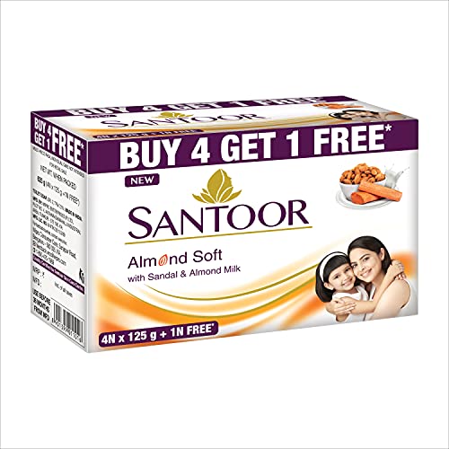 Image of Santoor Baby Soap with Milk Cream, Saffron and Almond Oil, 125g (Pack of 3) & Santoor Sandal and Almond Milk Soap (Buy 4 Get 1 Free 125g each)