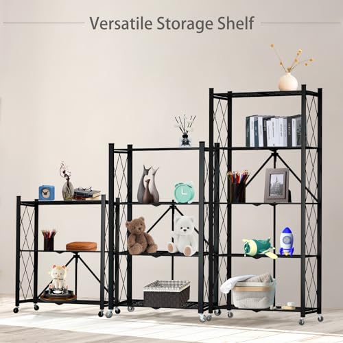 Image of 3 Tier Foldable Storage Shelf with Wheels Garage Shelving | Unit Loads 550 LBS, Metal Steel Collapsible Shelves, Rolling Standing Utility Rack for Kitchen, Pantry, Office, Black