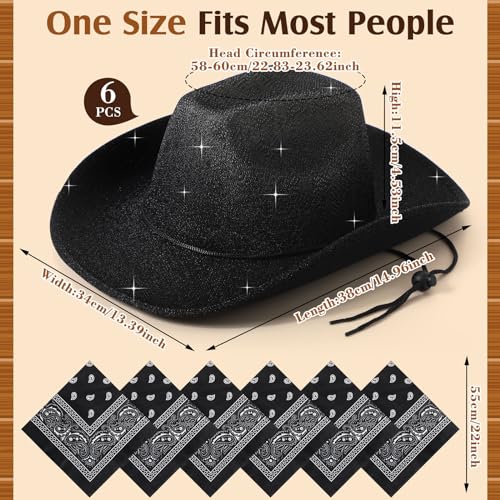 Image of Coume 12 Pcs Sparkly Adults Cowboy Hat and Bandanas Women Men Western Glitter Cowgirl Party Hats with Adjustable Drawstring