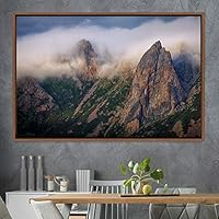 Framed Canvas Wall Art Foggy Mountains Aerial Cool Multicolor Nature Photography Realism Relax/Calm Rustic Wilderness - 16x24 inches