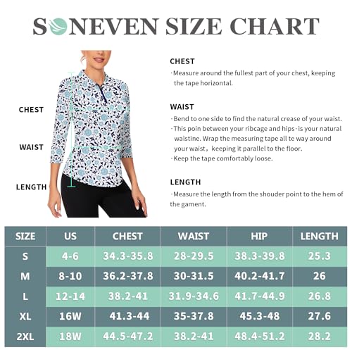 Soneven Womens 3/4 Sleeve Tennis Shirt Ladies Floral Golf Shirts Moisture Wicking thumb #6