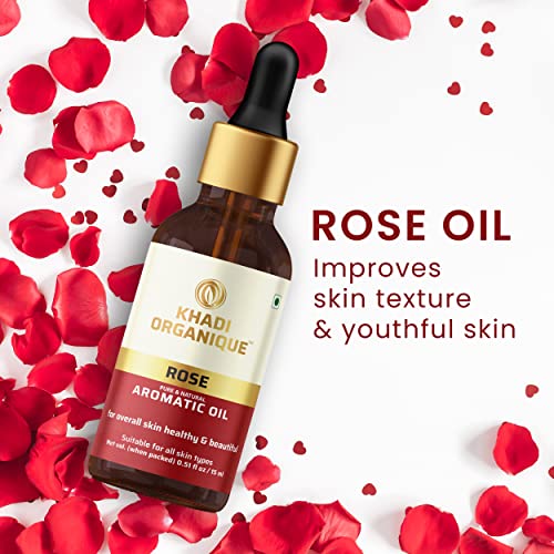 Image of Khadi Organique Rose Essential Oil for Hair Growth, Acne & Blemishes Control | 100% Pure & Natural Oil for Skin, Body, Diffuser, Aromatherapy & Relaxation | For Women & Men of All Skin Types - 15ml