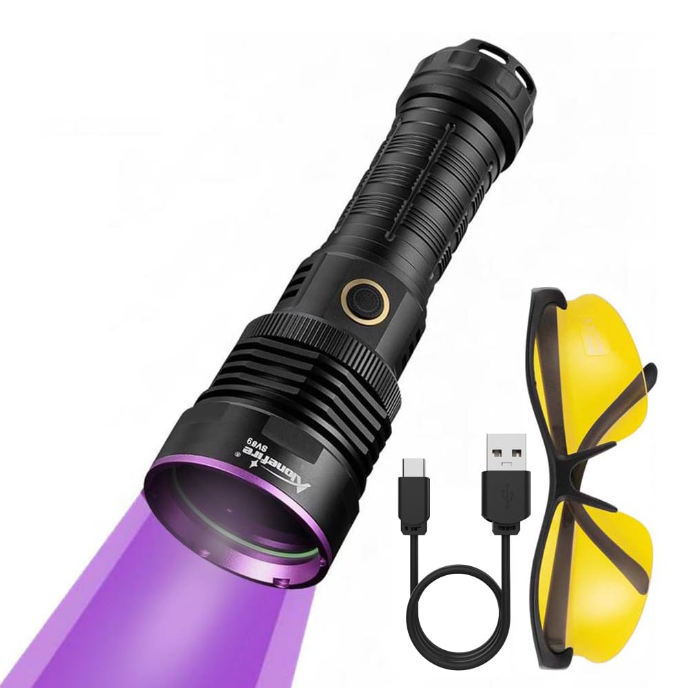 Alonefire SV89 20W Lampe Torche UV LED 365nm Rechargeable Lampe Ultraviolet Lumiere Noire Détecteur D'urine pour Resine, Pêche, Scorpion, Minéraux, Ambre avec Lunettes de Protection UV, Batterie