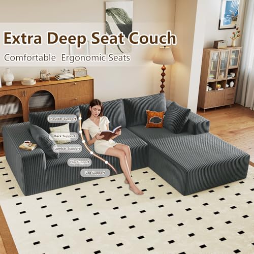 Image of 96 inch Modular Sectional Couch, Boneless L Shaped Cloud Sofa with Chaise Lounge, Corduroy Upholstered Couches Memory Foam Deep Seat, No Assembly Required, Ideal for Living Room(Dark Gray, Right Facing)