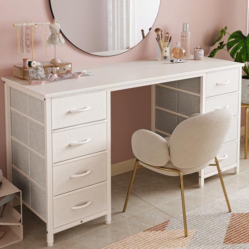 Huuger 47 Inch Vanity Desk with 8 Fabric Drawers, White Desk, Com...