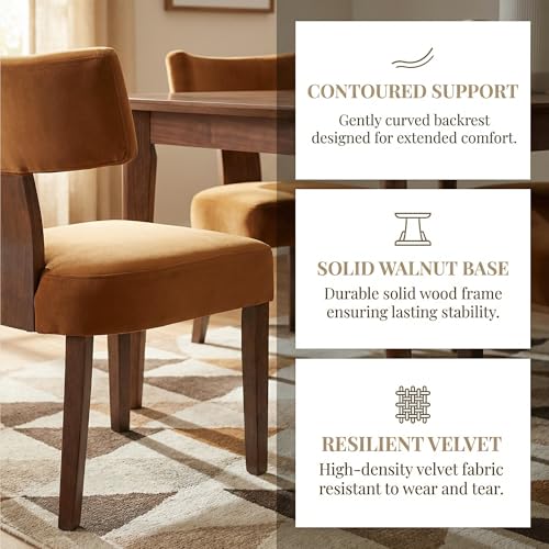 Image of HNY Mid Century Modern Dining Chairs, Velvet Fabric Farmhouse Upholstered and Curved Backrest Kitchen Accent Chairs Set of 2, with Hardwood Frame, Burnt Caramel