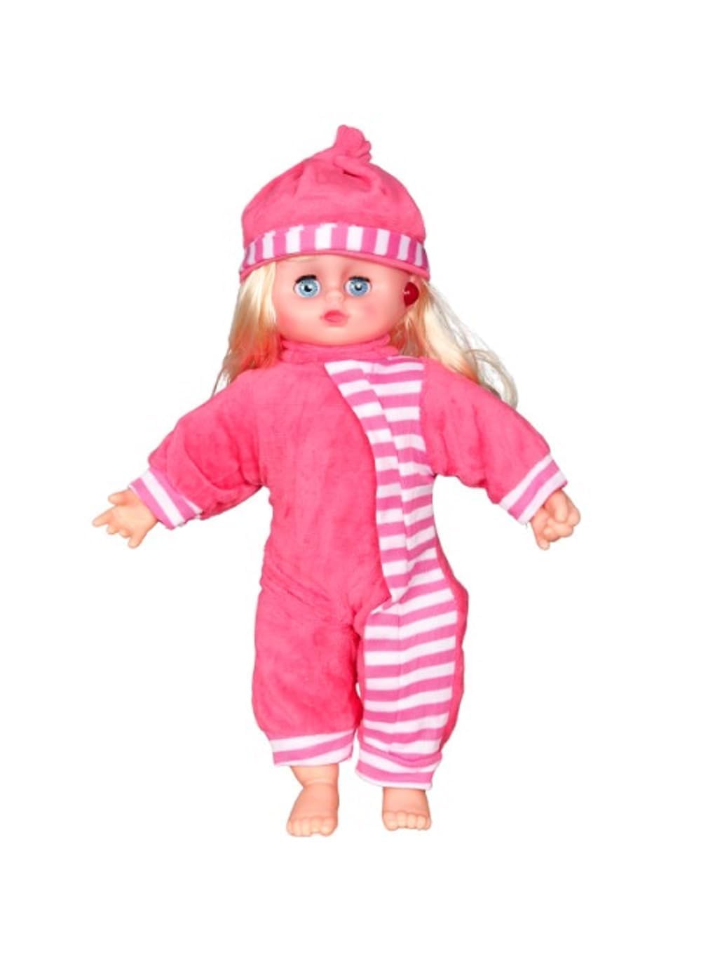 Soft Baby Doll for Kids with Light, Sound & Blinking Eyes | 12 Inch Plush Baby Doll Toy with Striped Outfit & Matching Cap | Educational Play Doll for Girls & Boys | Soft Toy Gift for Kids (Dark Pink)-image-2