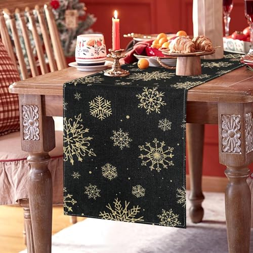 Tischläufer Weihnachten 40 x 140 cm Schwarz mit Schneeflocken Gold...