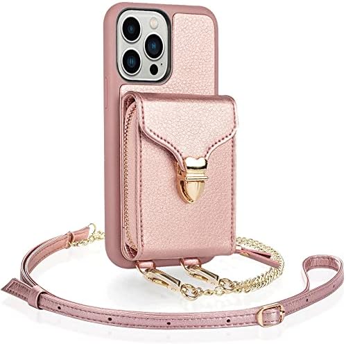 JLFCH iPhone 13 Pro Wallet Case, iPhone 13 Pro Crossbody Case RFID with Zipper Card Holder Wrist Strap Lanyard Flip Leather Purse Protective for iPhone 13 Pro (2021) 6.1 inch - Rose Gold