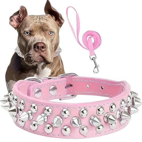 Amonimo 犬 フレンチ ブルドッグ ピットブル犬の首輪レトロ ゴールデン リベットスタッズ レザー 着飾り キラキラ 耐久 可愛い おしゃれ ペットの首輪小中大犬スパイク (XL,ピンク)