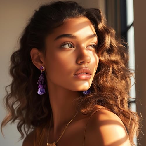 FIBO STEEL Colorful Tassel Earrings for Women Layered Bohemian Earrings, Big Statement Tiered Fringe Drop Dangle Earrings Christmas Valentine Earrings Party Jewelry4