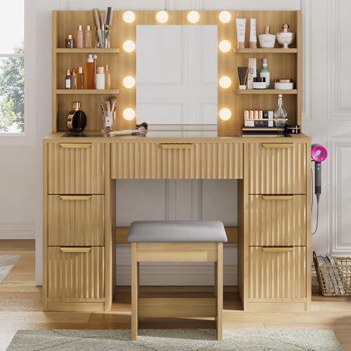 Merax Farmhouse Fluted Vanity Desk with Mirror & Lights & Stool, Makeup Vanity with 7 Drawers & Power Oultlet, 3 Lighting Modes Adjustable, Glass Top Natural Vanity for Bedroom, 47.24"x15.7"x53.54" by Merax - Used condition - CA$339.45