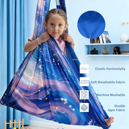 Image of Sensory Swing for Kids & Adults with 360 Swivel Hanger Kit, Double Layer Elastic Therapy Swing Holds up to 300lbs for Autism, ADHD,Aspergers, and SPD (Blue Bird)