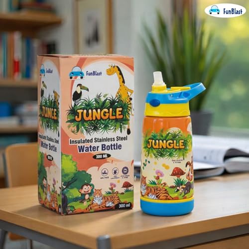 Image of FunBlast Jungle Theme Water Bottle for Kids- Cute Water Bottle with Straw, Insulated Stainless Steel Bottle,Sipper Bottle for Kids (300 ML)