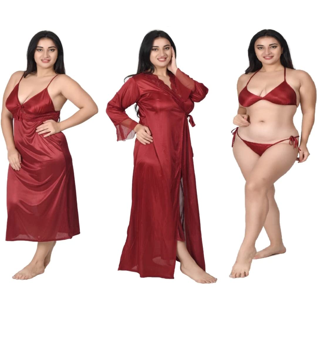 gwachi Women's Satin Solid Maxi Nighty Full Sleeve 1 Nighty, 1 Wrap Gown Night Dress Ladies-picture-10