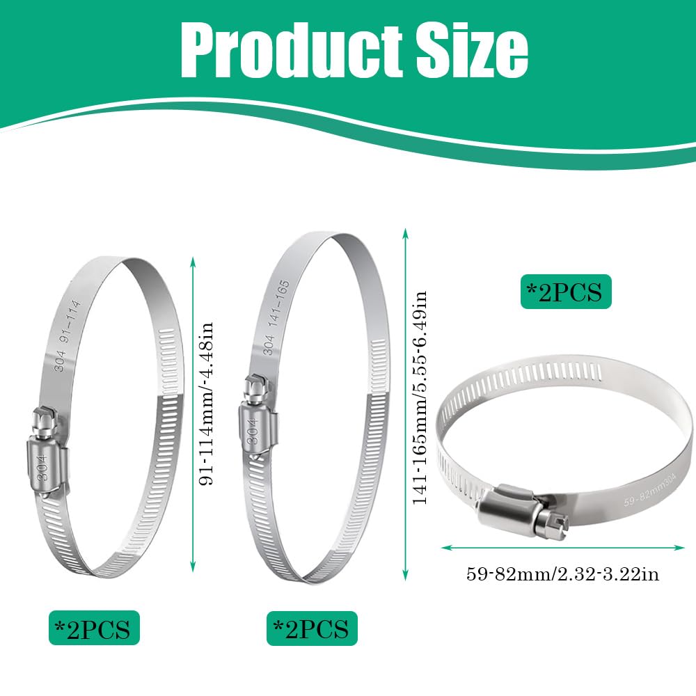 6 PCS Hose Clips 304 Stainless Steel Adjustable Worm Drive Hose Clamps 3 Assorted Sizes Hose Screws Pipe Clamps for Securing Hoses Pipes Tube(59-82mm/91-114mm/141-165mm) - Image 2