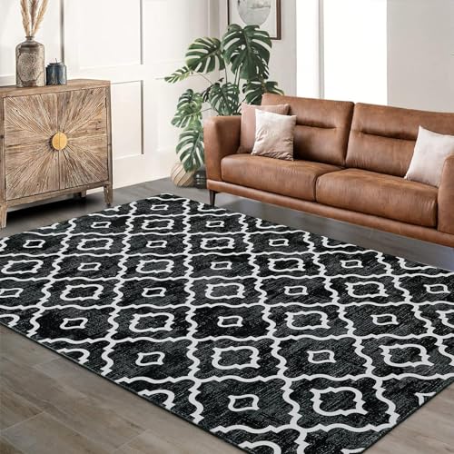 GlowSol Area Rug 5x7 Washable Rug Large Modern Trellis Rug Geometric Neutral Soft Black Rug for Living Room Bedroom Dining Room Non Slip Stain-Resistant Carpet for Home Decor