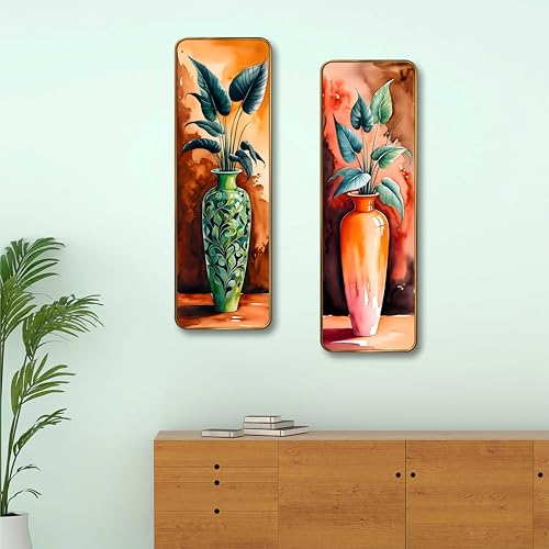 Image of Livin'luxe Vase Plant Set of 2 Vertical MDF Wall Panels | Premium Sparkle Lamination Finish | Modern Artistic Pot & Leaf Design Wall Decor for Living Room & Bedroom 20 Inch x 30 Inch