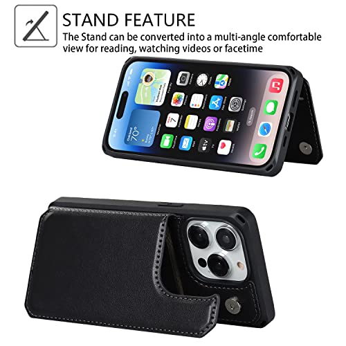 Image of Cavor for iPhone 14 Pro Case Wallet with Card Holder Case [3 Card Slots] [with Lanyard] PU Leather Flip Shockproof Cover for Women and Men - Black