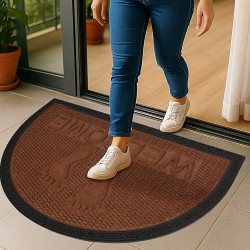 Image of Heavy Duty Front Door Mat 45 x 75 cm, Outdoor Indoor Welcome Mat, Non Slip Dirt Trapper Entrance Rug for Entryway, Patio & Porch,Washable Low Profile Foot Mat (Brown Foot 45 x 75 Cm)
