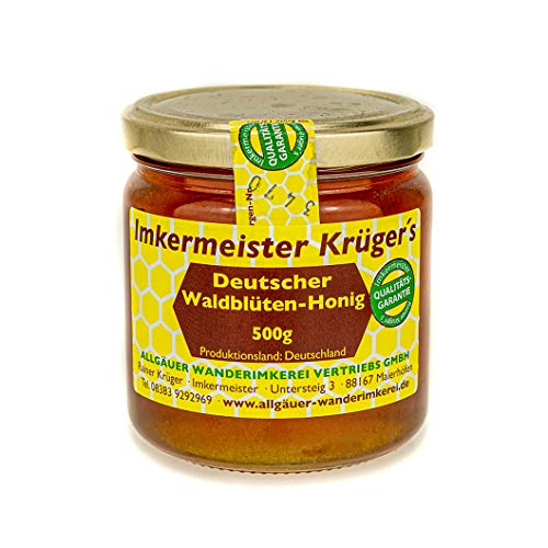 Allgäuer Wanderimkerei Krüger Deutscher Waldblütenhonig flüssig 500g I Echter Imkerhonig aus Maierhöfen I Regionaler Genuss fein-aromatisch & naturbelassen I Pestizidfreie Produktion I Geschenkidee