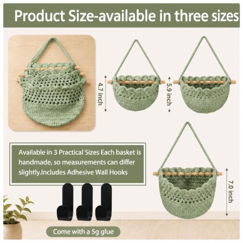 Image of Honeydak 3 Hanging Baskets, Sage Green, Lace, Cotton Rope