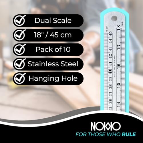 NOKKO Metal Ruler 18 Inch - Pack of 10 - Stainless Steel Ruler Set with Straight Edge Rulers - Precise Metric & Imperial Measurements - Ideal for School, Office, Woodworking & Craft Projects by NOKKO - Image 2