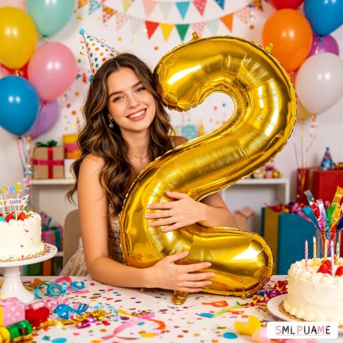 Image of 40 Inch Gold Number 2 Balloon, 2nd Birthday Decoration Boys Girls